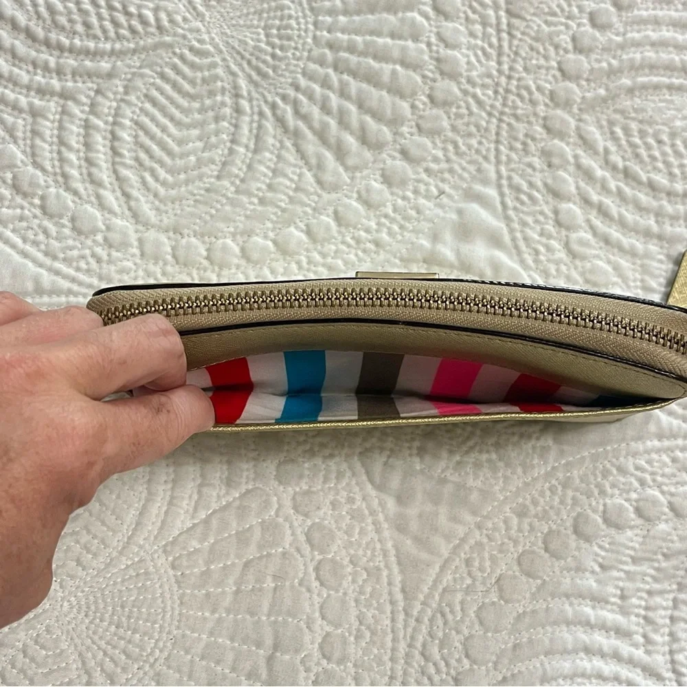 KATE SPADE Gold Zipper Wallet Rainbow White Stripe